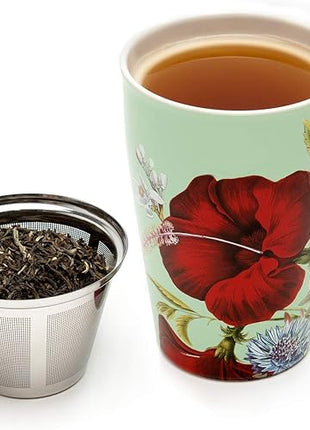 Tea Forte Double-Walled Ceramic Kati Cup, Removable Stainless Steel Infuser Basket and Lid, Steeps 12 oz Loose Leaf Tea, Dishwasher & Microwave Safe, Fleur