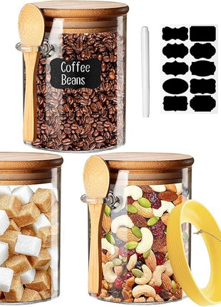 Spice Jars, Overnight Oats Containers with Airtight Lid and Spoon, Decorative Kitchen Canisters Set, Glass Storage Containers for Coffee, Tea, Sugar, Spice, Bath Salt, 18Oz/530ML (3PCS)