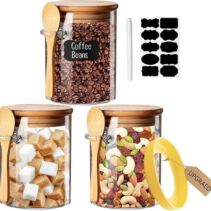 Spice Jars, Overnight Oats Containers with Airtight Lid and Spoon, Decorative Kitchen Canisters Set, Glass Storage Containers for Coffee, Tea, Sugar, Spice, Bath Salt, 18Oz/530ML (3PCS)