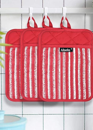 Silicone Pot Holders Set of 3 Heat Resistant & Non Slip Potholders, Professional Oven Hot Pads with Pockets Mitts for Kitchen Cooking Baking Barbecue (3, Red)