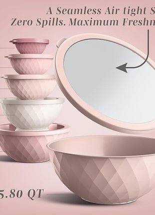 COOK WITH COLOR Mixing Bowls with Lids - 12 Piece Plastic Nesting Bowls Set includes 6 Prep Bowls and 6 Lids, Diamond Design - Microwave Safe, Pink