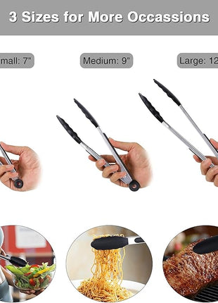 Kitchen Tongs Set of 3, Black Cooking Tongs with Silicone Tips, Non-Stick Non-Scratch Heat Resistant Tongs for Grilling Cooking BBQ Buffet Salad (Black, 7/9/12 Inch)