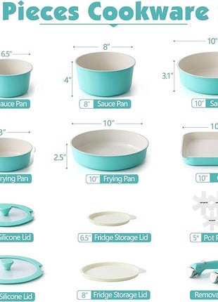 SENSARTE 17 Piece Ceramic Pots and Pans Set, Nonstick Detachable Handle Cookware, Induction Kitchen Cookware Set with Removable Handle, Dishwasher ＆ Oven Safe (Turquoise)