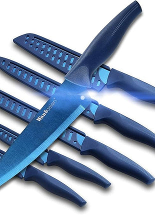 Wanbasion Blue Professional Kitchen Knife Chef Set, Stainless Steel, Dishwasher Safe with Sheathes