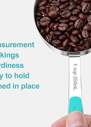 Measuring Cups and Spoons Set Stainless Steel 10 Piece for Cooking and Baking (5 Cups + 5 Spoons, Aqua Sky Handle)