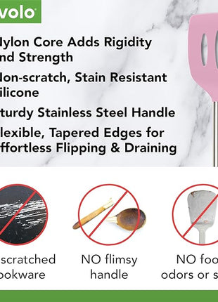 Tovolo Slotted Silicone Spatula Turner Slotted Stainless Steel Handle 10" Pink Sorbet Heat Resistant Non Toxic BPA Free Kitchen Utensil, Silicone Egg Pancake Flipper Metal Handle Turner for Cooking