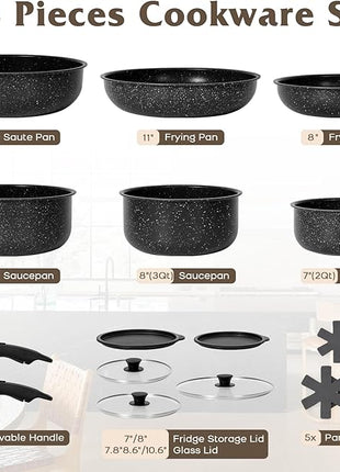 17 Pcs Pots and Pans Set Non Stick, Cookware Sets with Detachable Handle, Nonstick RV Kitchen Cooking Tools Removable Handles, Oven Safe, Induction Fast, Stackable Induction Cookware, Black