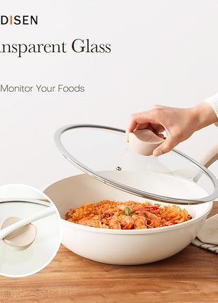 Kordisen Nonstick Wok with Lid, 12 Inch Woks & Stir-fry Pans, Healthy Coating Induction Cookware, Compatible with All Stovetops, PFOA Free (Cream White)