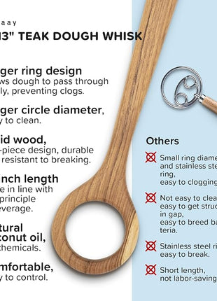 FAAY 13" Dough Whisk, 100% Healthy Teak Kitchen Utensils for Bread Mixing, Sourdough, Batter Preparation, Baking, and Cooking Tools