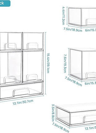 Vtopmart Stackable Storage Drawers Set of 5, Clear Plastic Organizer Bins for Beauty Supplies,Ideal for Vanity, Bathroom,Cabinet,Pantry Organization