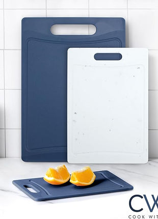 COOK WITH COLOR Non-Slip Cutting Board Set – Kitchen Essentials with Easy Grip Handle for Meat, Veggies, and Fruits, 3 Cutting Boards, Blue and White Marble