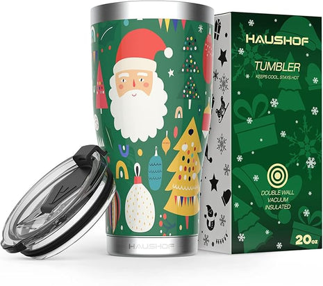 HAUSHOF 20oz Christmas Tumbler, Stainless Steel and Double Wall Insulated Travel Coffee Mug with Lid, Good Choice for Christsmas Gifts-Deep Green with Santa Claus