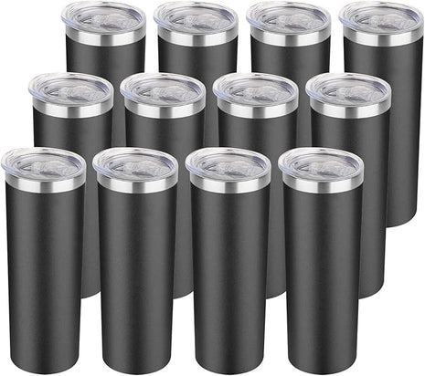 HASLE OUTFITTERS 20 oz Skinny Tumblers Bulk Set, Stainless Steel Insulated Slim Tumblers with Lids, Reusable Double Wall Travel Coffee Mugs, Durable Powder Coated Travel Water Cups(Black, 12)