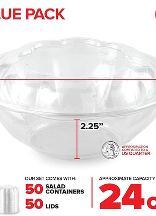 Stock Your Home 24oz Clear Plastic Salad Bowls with Lids Disposable (50 Pack) Small Takeout Container with Snap on Lid for Fruit Salads, Quinoa, Lunch and Meal Prep, Acai Bowl, To-Go Party Containers