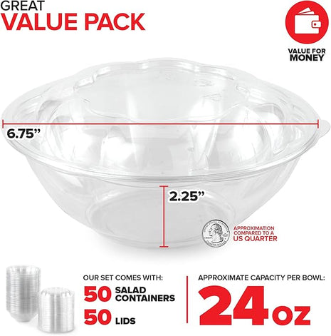 Stock Your Home 24oz Clear Plastic Salad Bowls with Lids Disposable (50 Pack) Small Takeout Container with Snap on Lid for Fruit Salads, Quinoa, Lunch and Meal Prep, Acai Bowl, To-Go Party Containers