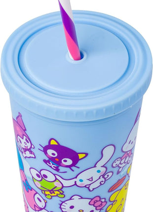 Silver Buffalo Sanrio Hello Kitty and Friends Featuring Little Twin Stars, My Melody, Kuromi, Keroppi, Chococat, Cinnamoroll, Pompompurin, Pochacco, Tuxedo Sam, Badtz-Maru Matte Plastic Tumbler, 20oz