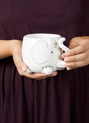 VOTUM Elephant Ceramic Coffee or Tea Mug - Animal Shaped Cup with Hand Printed Designs Saying “And So the Adventure Begins” - Cute Handmade Gift for Men or Women Elephant Lovers – 18.6 Fluid Ounce