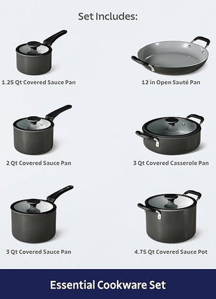 Tramontina Ceramic Non Stick 11-Piece Nesting Pots and Pans Set with Lids - Stackable Nonstick Cookware Set, Dishwasher and Oven Safe, Dark Gray