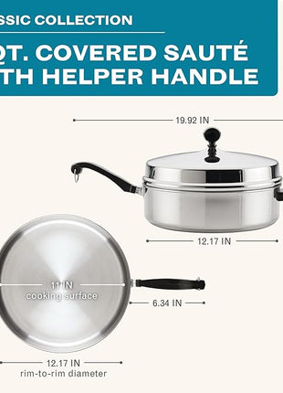 Farberware Classic Series Anniversary Edition Stainless Steel Sauté Pan and Lid with Helper Handle, Induction Suitable, 6 Quart Jumbo Cooker, Metal Utensil Safe - Stainless Steel