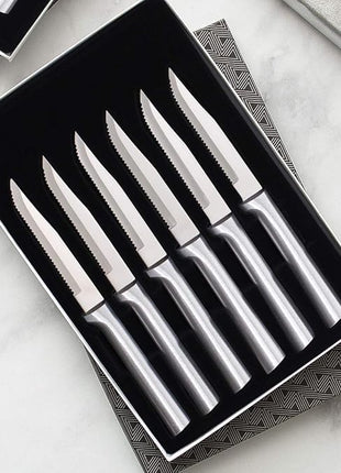 RADA Cutlery 6-Piece Serrated Steak Knife Gift Set (S6S), Stainless Steel Hollow Ground Blades, Made in USA, Silver Handles