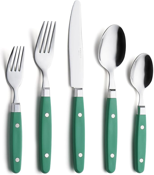 ANNOVA Silverware Set, Retro/Rivet Colorful Stainless Steel Tableware Kitchen Flatware Set Utensils, Includes Dinner Knives, Forks, Spoons, Salad Forks & Dessert Spoons (Green, 20 Pieces)