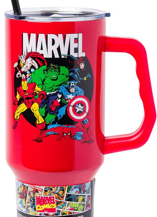 Silver Buffalo Marvel Avengers Stainless Steel Tumbler with Handle and Straw Featuring Captain America, Thor, Hulk, Iron Man, Black Widow, and Spiderman, Fits in Standard Cup Holder, 40 Ounces