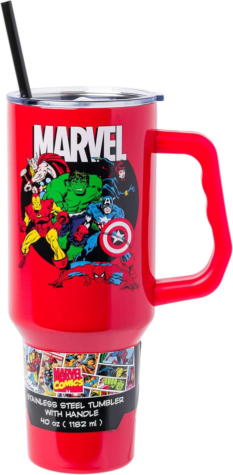 Silver Buffalo Marvel Avengers Stainless Steel Tumbler with Handle and Straw Featuring Captain America, Thor, Hulk, Iron Man, Black Widow, and Spiderman, Fits in Standard Cup Holder, 40 Ounces