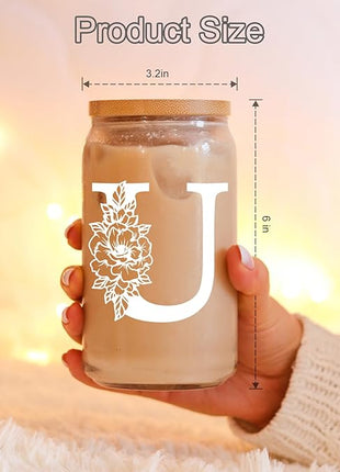 Coolife Initial Glass Cup, Monogrammed Gifts for Women, 16 oz Glass Cups w/Lids Straws, Iced Coffee Smoothie Beer Tumbler w/Straw Lid - Personalized Christmas, Birthday Gifts for Her Mom Friend Woman