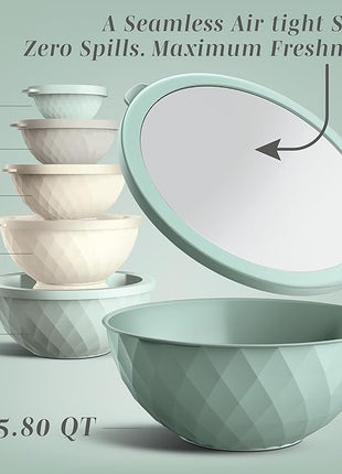 COOK WITH COLOR Mixing Bowls with Lids - 12 Piece Plastic Nesting Bowls Set includes 6 Prep Bowls and 6 Lids, Diamond Design - Microwave Safe, Mint