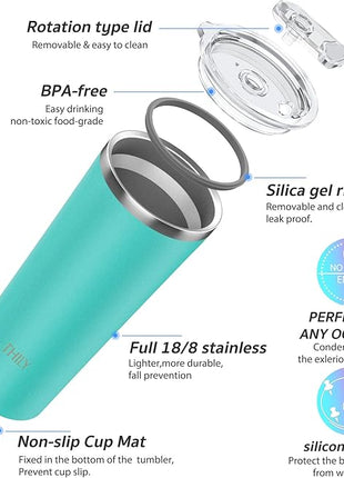 THILY Tumbler Vacuum Insulated Travel Mug 26 oz Coffee Cup with Lids and Straws, Reusable, Splash-Proof, Powder Coated, Keep Ice Drinks Cold, Teal