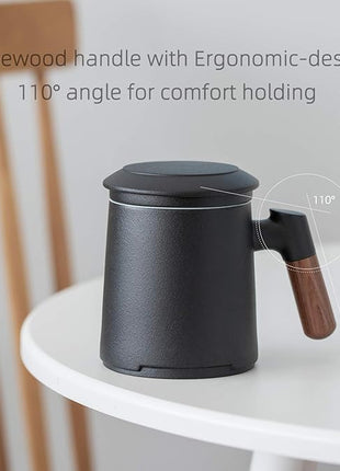 ZENS Tea Cup with Infuser and Lid for Loose Leaf Tea Steeper, 12oz Black Ceramic Tea Mug with Wood Handle for Tea Lovers Gifts