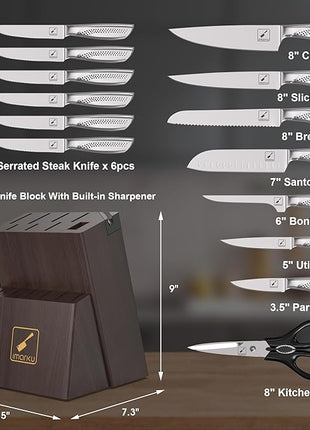 imarku® Knife Set, 15-Pieces HC Stainless Steel Kitchen Knife Set With Built in Knife Sharpener, Razor-Sharp Blade Knife Block Set With Non-Slip Handle, Dishwasher Safe, Best Birthday Gifts