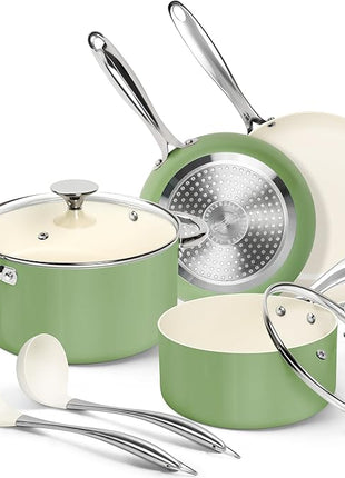 MICHELANGELO Pots and Pans Set - Nonstick Ceramic Cookware Set, 8-Piece Healthy Cooking Set, Non-Toxic, Oven Safe & Compatible with All Stovetops - Green