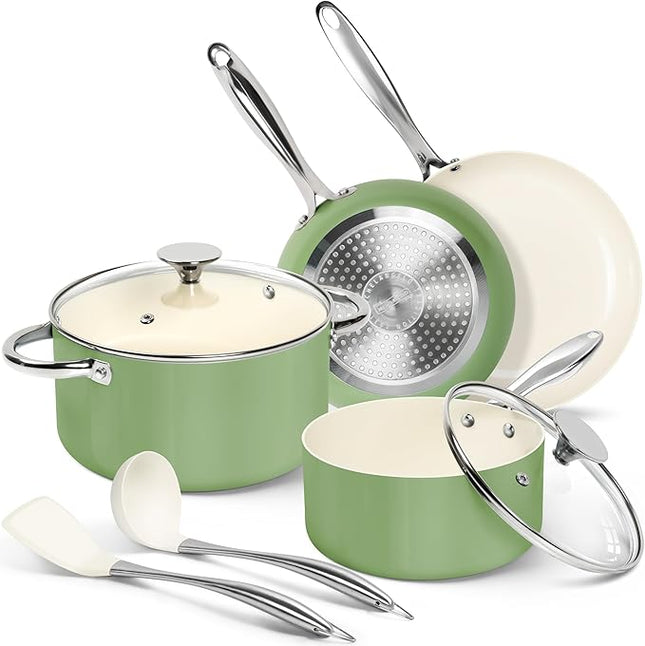 MICHELANGELO Pots and Pans Set - Nonstick Ceramic Cookware Set, 8-Piece Healthy Cooking Set, Non-Toxic, Oven Safe & Compatible with All Stovetops - Green