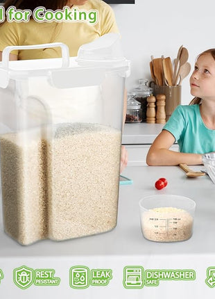 Rice Storage Container, 5 to 10lb Dry Food Airtight Dispenser, Pet Dog Cat Food Canister, BPA Free Clear Plastic Kitchen and Pantry Organization Bin for Oatmeal, Cereal, Pasta, Flour White