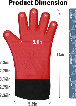 GEEKHOM Silicone Grilling Gloves, Heat Resistant Oven Mitts, BBQ Gloves, Waterproof Non-Slip for Barbecue, Cooking, Baking, Fryer, Red