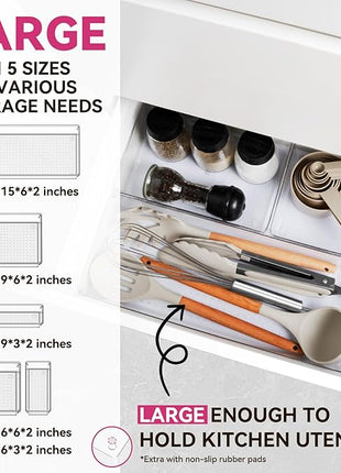 Criusia 26 Pack Large Clear Plastic Drawer Organizer Bins -5 Size Heavy Duty Acrylic Kitchen Drawer Organizers and Storage for Utensils -Bathroom Drawer Organizer Trays for Makeup Office Organization