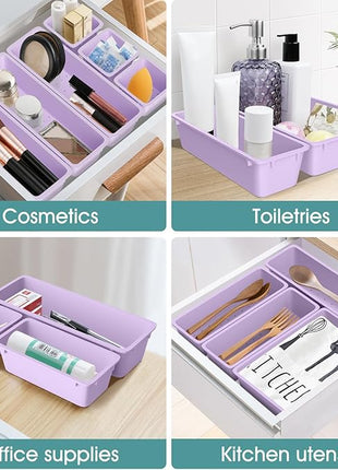 WOWBOX 25 PCS Plastic Drawer Organizer Set, 4 Sizes Desk Drawer Divider Organizers and Storage Bins for Makeup, Jewelry, Gadgets for Kitchen, Bedroom, Bathroom, Office, Purple