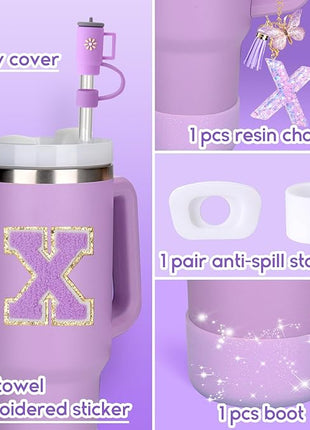Mity rain 6PCS Cup Accessories Set for Stanley Cup 30oz 40oz tumbler with handle, Including Silicone Straw Topper Cover Cap and Boot, Spill Proof Stopper, Handle Charm, Initials Sticker (Letter X)
