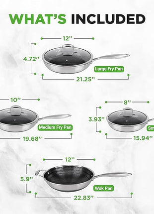 NutriChef 7-Piece Tri-Ply Stainless Steel Frying Pan Set & Wok – Nonstick, Induction Compatible, Oven Safe, Scratch-Resistant, Dishwasher Safe