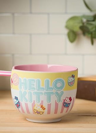 Silver Buffalo Sanrio Hello Kitty Pastel Colored Ceramic Ramen Noodle Rice Bowl with Chopsticks, Microwave Safe, 20 Ounces