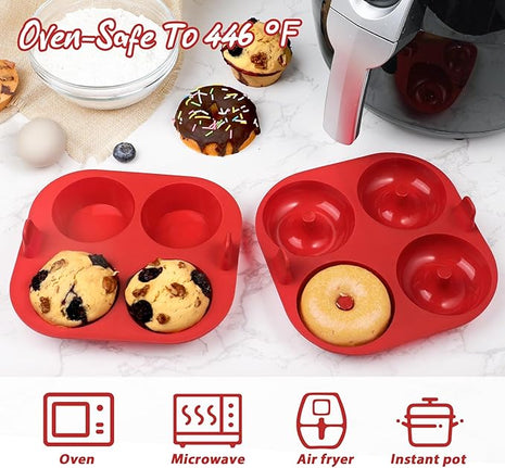 Webake Silicone Air Fryer Muffin Pan and Donut Pan, Make 2.8" Standard Size Cupcakes and Donuts, Nonstick BPA-Free, Set of 2