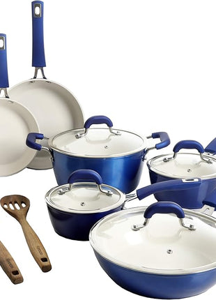 Kenmore Arlington Nonstick Ceramic Coated Forged Aluminum Induction Cookware with Bakelite Handles, 12-Piece Set, Metallic Blue