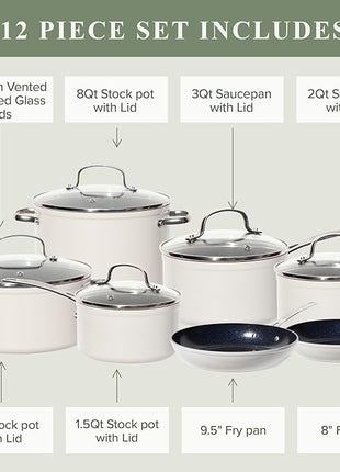 Nuwave Healthy Duralon Blue Ceramic Nonstick Cookware Set, Diamond Infused Scratch-Resistant, PFAS Free, Dishwasher & Oven Safe, Induction Ready & Evenly Heats, Tempered Glass Lids & Stay-Cool Handles