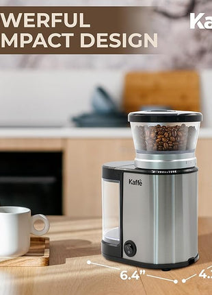 Kaffe Electric Burr Coffee Grinder (5.5oz) w/Adjustable Precise Coarseness Settings - Flat Burr - [Improved Motor] - Precision Coffee Bean Grinder for Home Use - Stainless Steel
