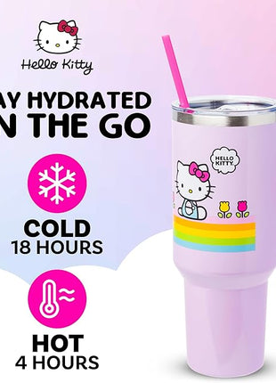 Silver Buffalo Sanrio Hello Kitty Spring and Summer Flowers Rainbow Stripes Stainless Steel Tumbler with Handle and Straw, Fits in Standard Cup Holder, 40 Ounces