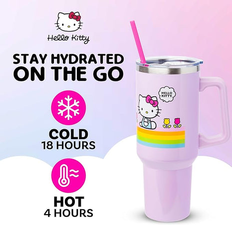 Silver Buffalo Sanrio Hello Kitty Spring and Summer Flowers Rainbow Stripes Stainless Steel Tumbler with Handle and Straw, Fits in Standard Cup Holder, 40 Ounces