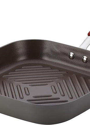 Rachael Ray Cucina Hard-Anodized Nonstick 11-Inch Deep Square Grill Pan, Gray with Cranberry Red Handle - 87632