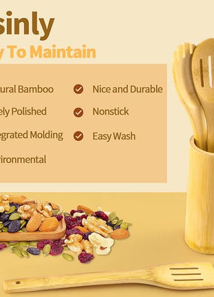 Wooden Spoons for Cooking 7-Piece, Kitchen Nonstick Bamboo Cooking Utensils Set, Healthy Bamboo Wooden Spatula Spoon for Cooking