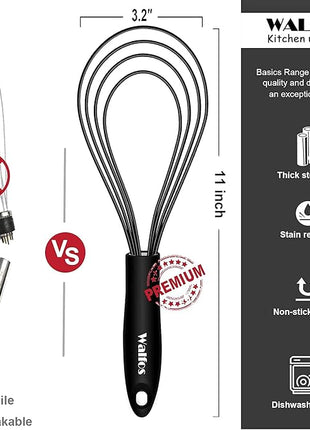 Walfos Silicone Flat Whisk,11inch Flat Whisk Non Scratch Coated Flat Whisks for Cooking.Great for Ceramic Coated pans and Wider shallower pots.Black